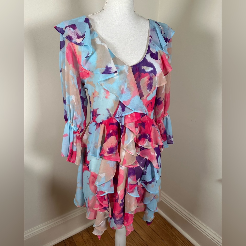 MISA Los Angeles Evele Ruffle Watercolor Mini Dress size Smal NEW